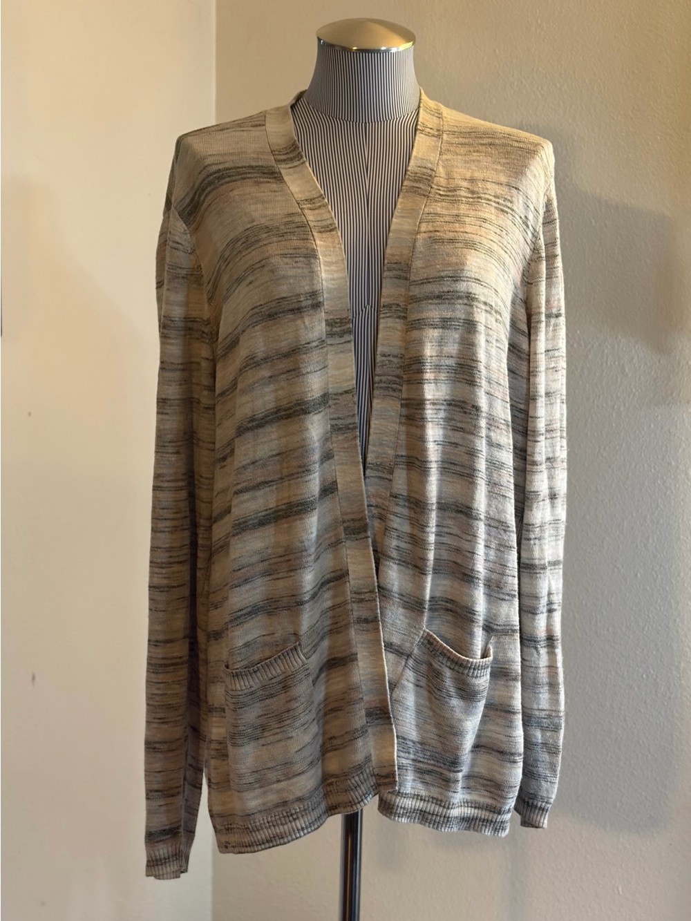 Maurices Beige and Gray Striped Open-Front Cardigan